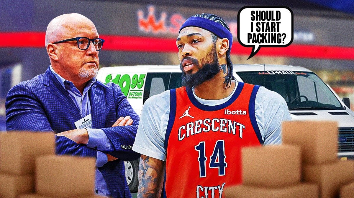 Pelicans Brandon Ingram asking David Griffin "Should I start packing?" with a U-Haul van in front of the Smoothie King Center.