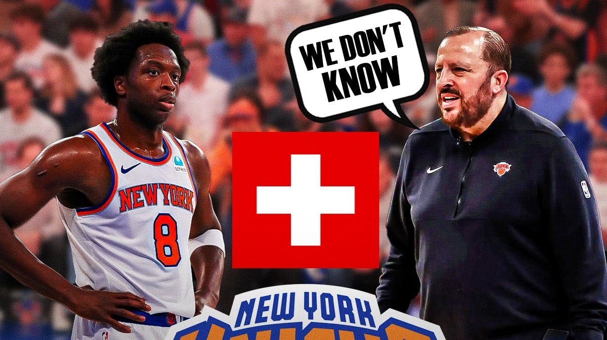 Knicks' OG Anunoby with red medical symbol and Tom Thibodeau