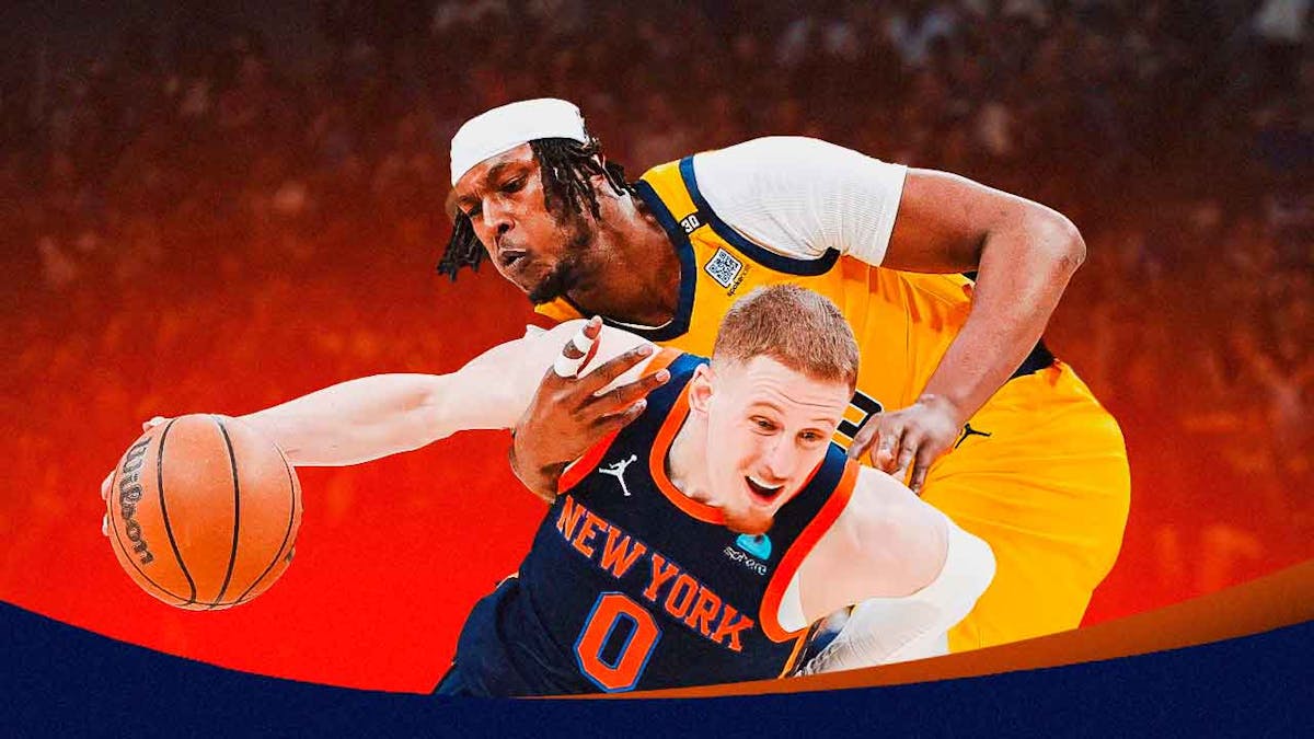 Knicks, Pacers, Donte DiVincenzo, Knicks Pacers, NBA Playoffs, Donte DiVincenzo and Myles Turner with Knicks arena in the background