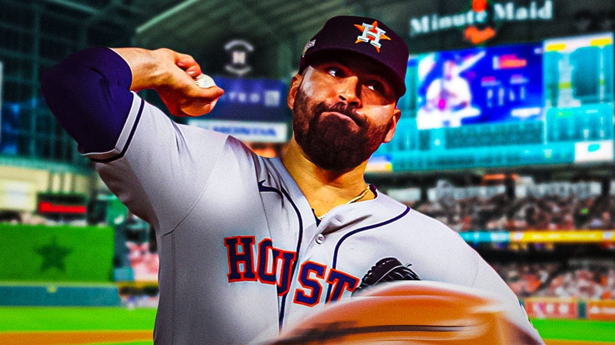 Photo: Jose Urquidy in action in Astros jersey on mound, Minute Maid Park in background