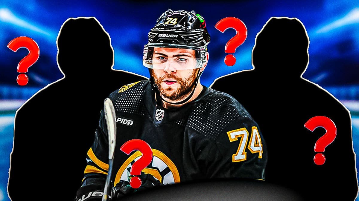 Jake DeBrusk in middle of image looking stern, one silhouetted Bruins player on each side, Boston Bruins logo, 3-5 question marks, hockey rink in background
