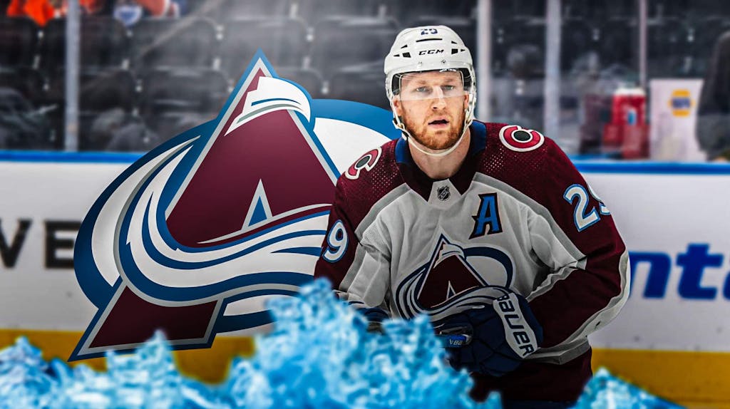 Nathan MacKinnon in image looking stern, Colorado Avalanche logo, hockey rink in background