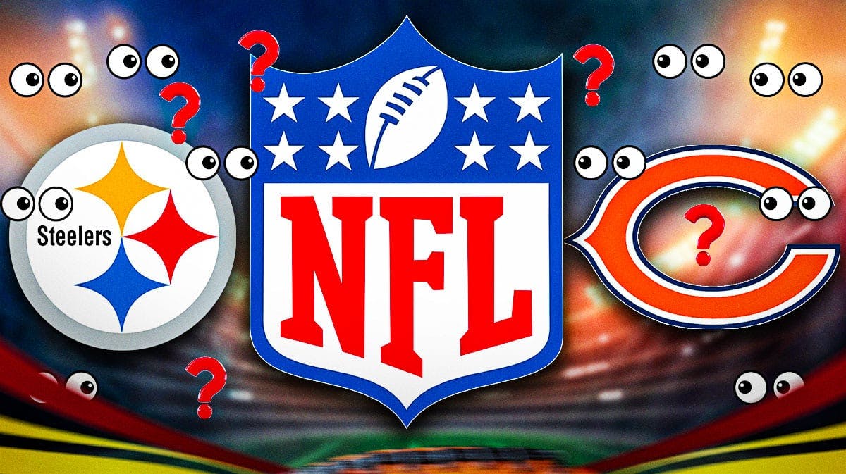 In the middle of the image is a logo for the NFL. On either side are the logos for the Pittsburgh Steelers and Chicago Bears. The three logos are surrounded by question mark emojis and eyeball emojis.