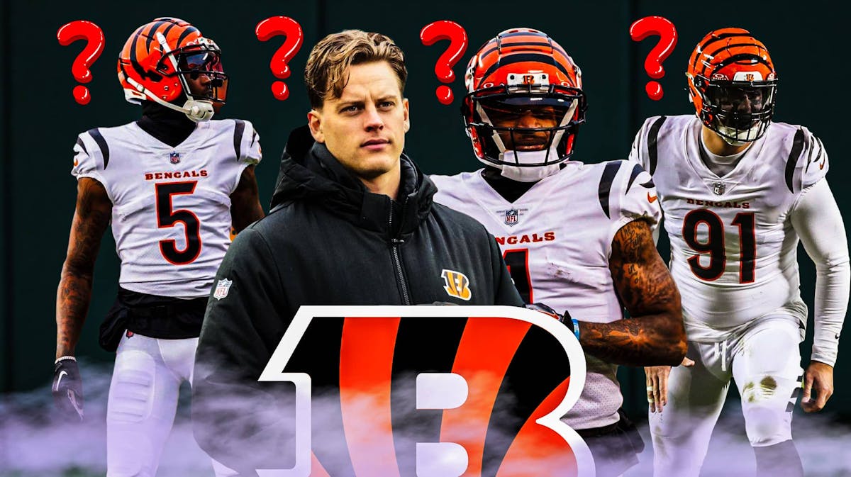 Joe Burrow and Ja'Marr Chase in the middle of the graphic. Tee Higgins and Trey Hendrickson on the outside of the graphic with question marks over their heads. Paycor Stadium is background, Bengals logo in front.