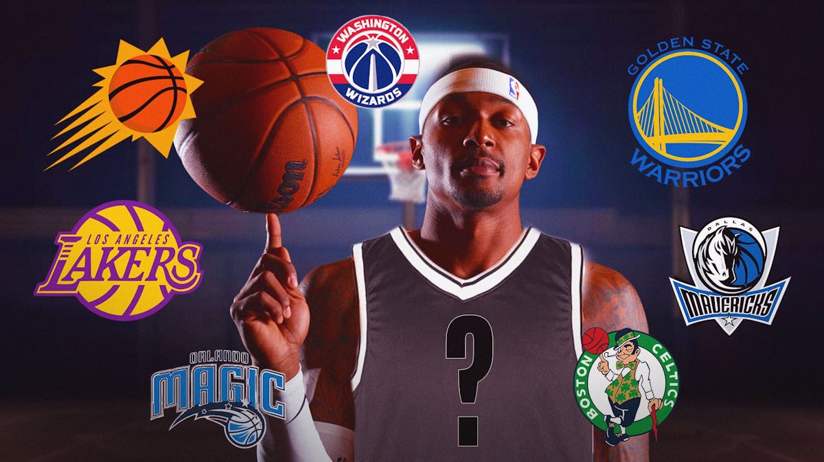 Bradley Beal with blank jersey and question mark in the middle. Suns, Lakers, Magic, Warriors, Mavericks, Wizards, Celtics logos in the background