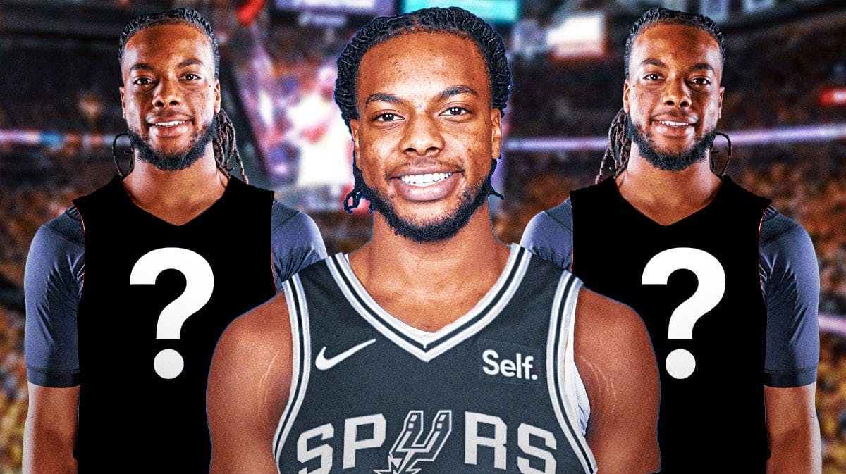 Cavs background with three identical pictures of Darius Garland. One in a Spurs jersey and two with blank jerseys with question marks on them.