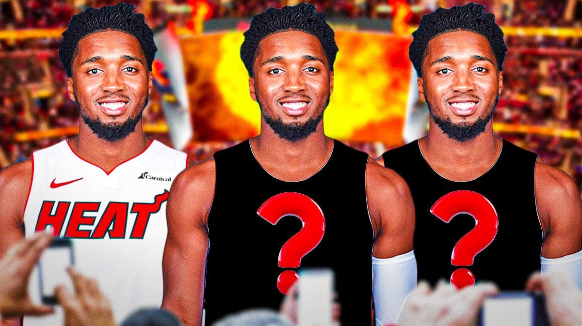 Cavs background with three identical pictures of Donovan Mitchell. One in a Heat jersey and two with blank jerseys with question marks on them.