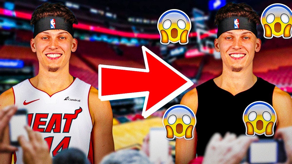Tyler Herro in a Miami Heat jersey on one side with an arrow pointing to Tyler Herro in a blank uniform on the other side, a bunch of shocked emojis in the background