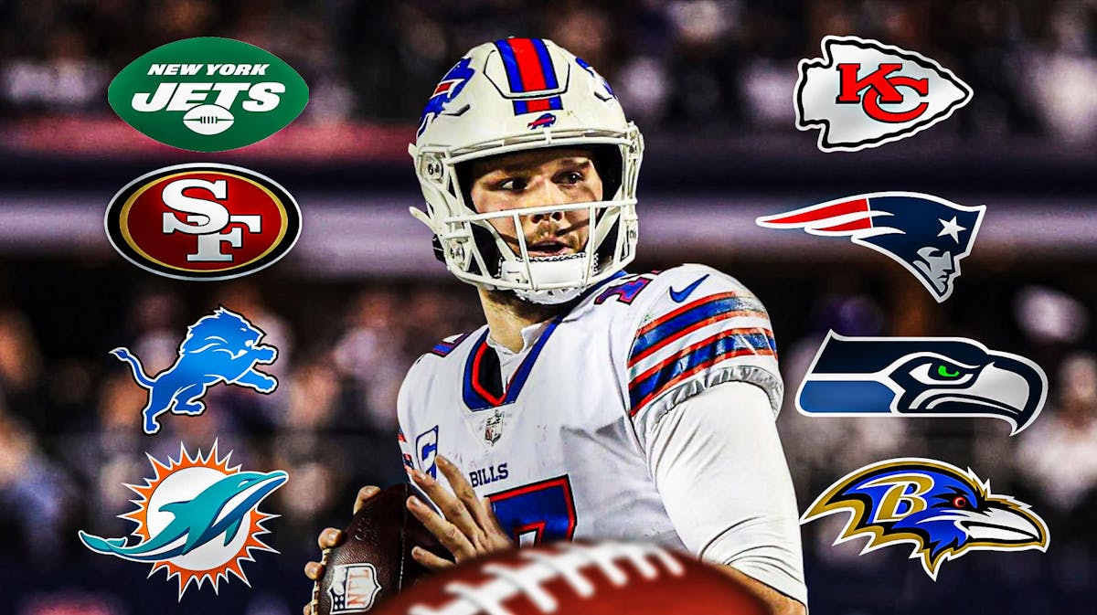 Bills QB Josh Allen in action surrounded by logos for on their 2024 NFL schedule such as the Jets, Chiefs, 49ers, Dolphins, Patriots, Ravens, Lions, and Seahawks.