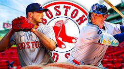 Triston Casas and Garrett Whitlock next to a Red Sox logo
