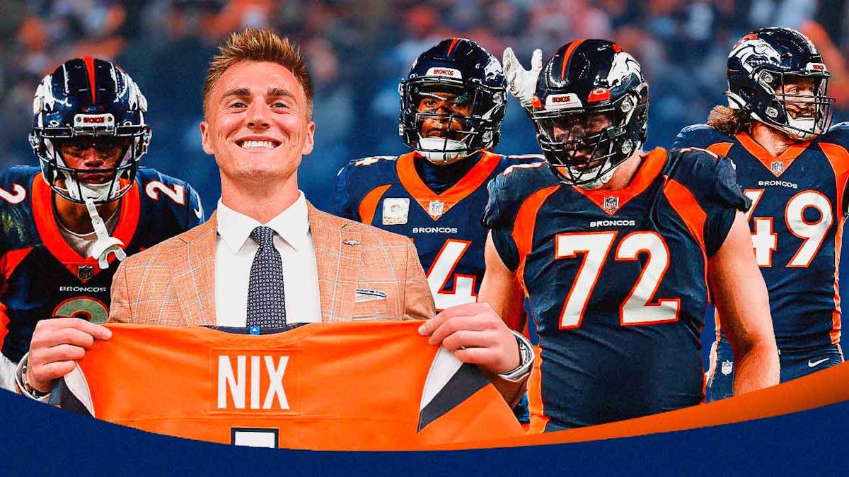Patrick Surtain II, Bo Nix (holding up Broncos jersey after being drafted), Courtland Sutton, Garett Bolles, Alex Singleton all together. The background is Empower Field at Mile High. Broncos logo in front.