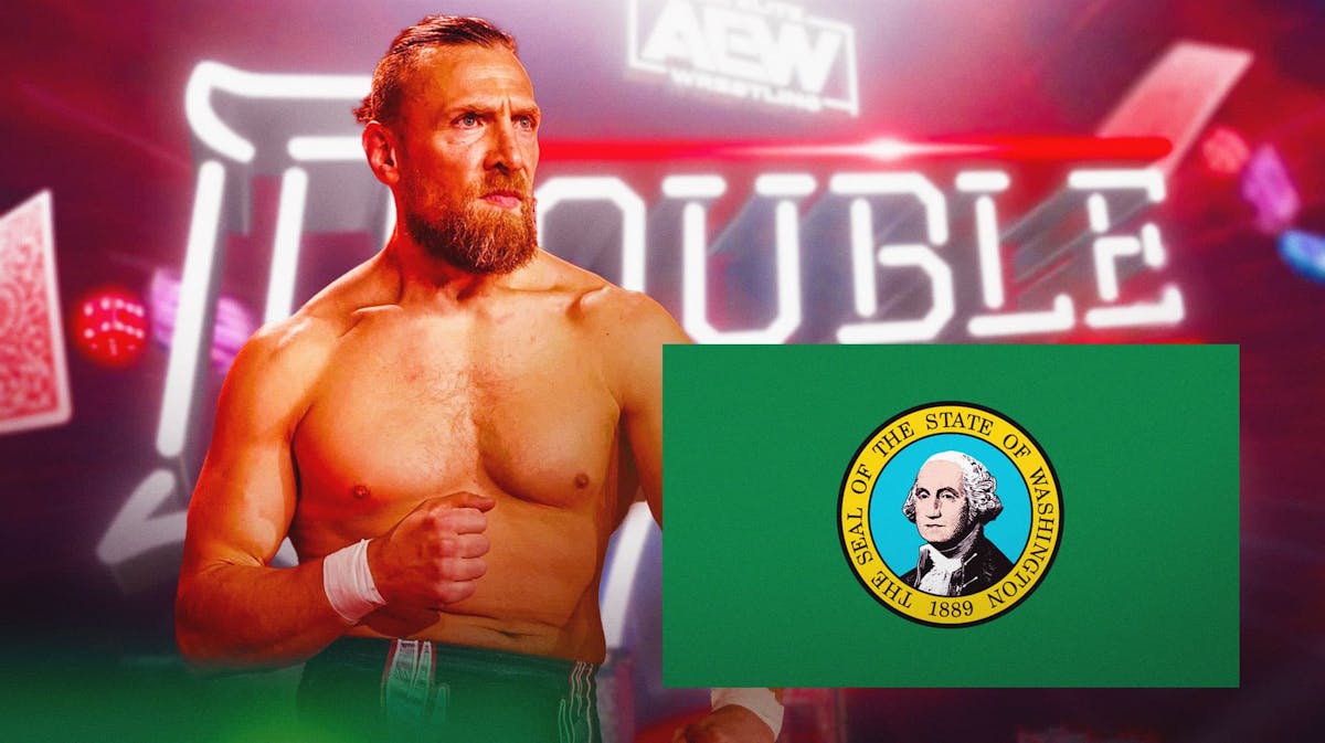 Bryan Danielson with the Washington State Flag and the AEW Double or Nothing logo as the background.