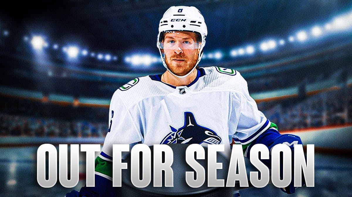 Vancouver Canucks' Brock Boeser with caption saying "Out for season"
