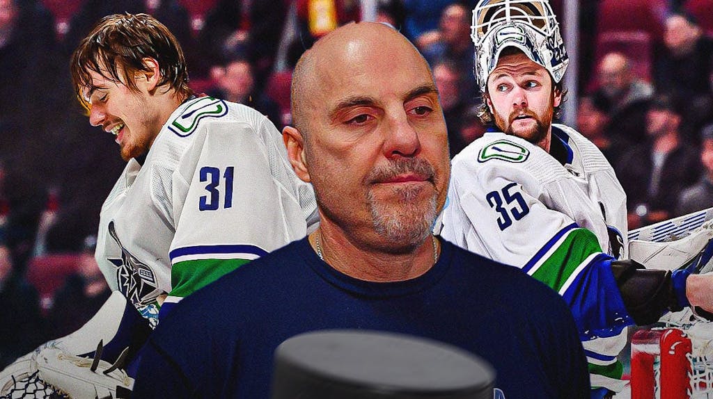 Thatcher Demko and Arturs Silovs on either side, Rick Tocchet in middle, Vancouver Canucks logo, hockey rink in background