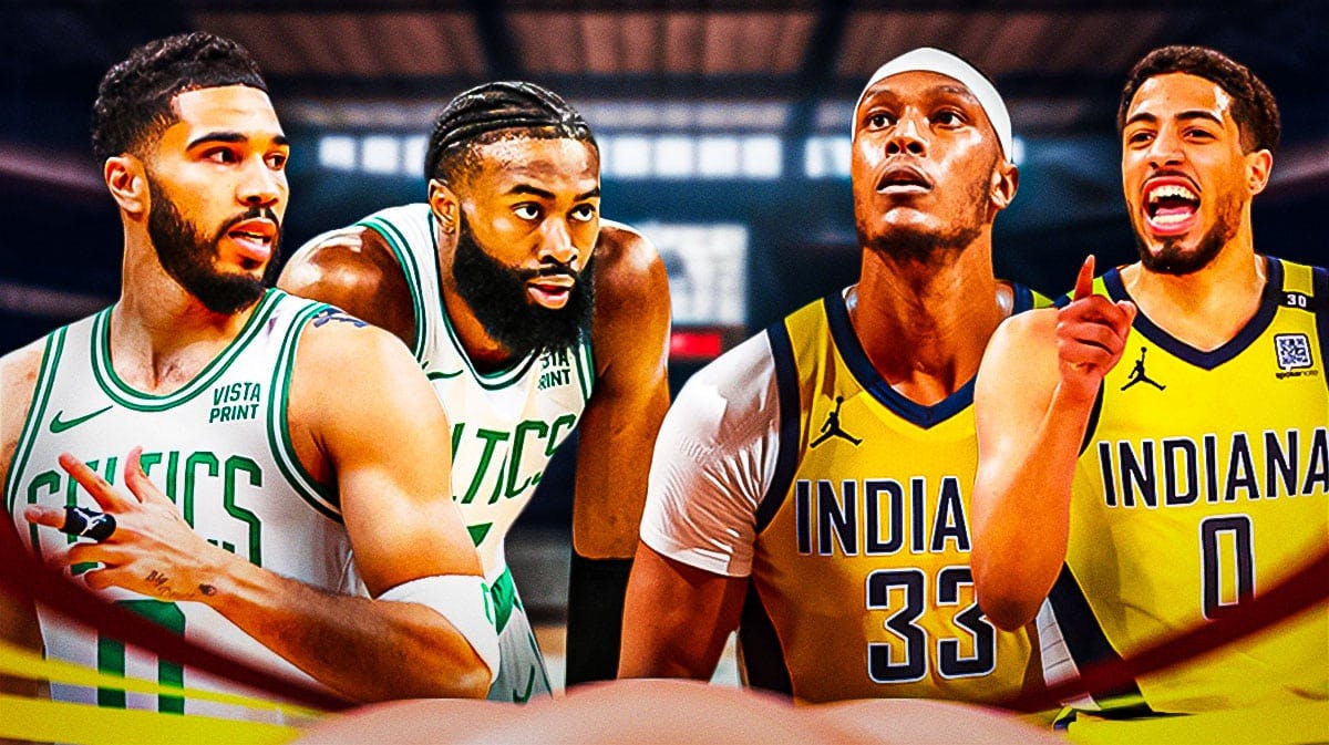 Celtics Jayson Tatum and Jaylen Brown next to Pacers Tyrese Haliburton and Myles Turner (all looking hyped or in action) on a Boston city background (or generic basketball background)