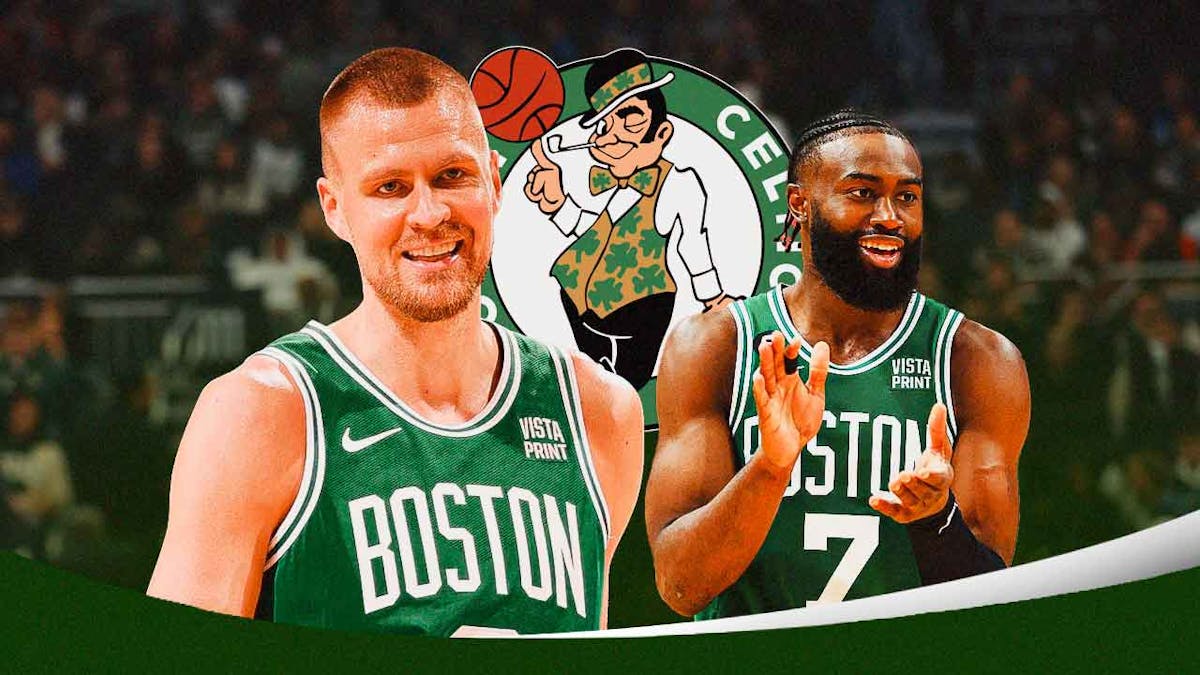 Celtics Kristaps Porzingis and Jaylen Brown