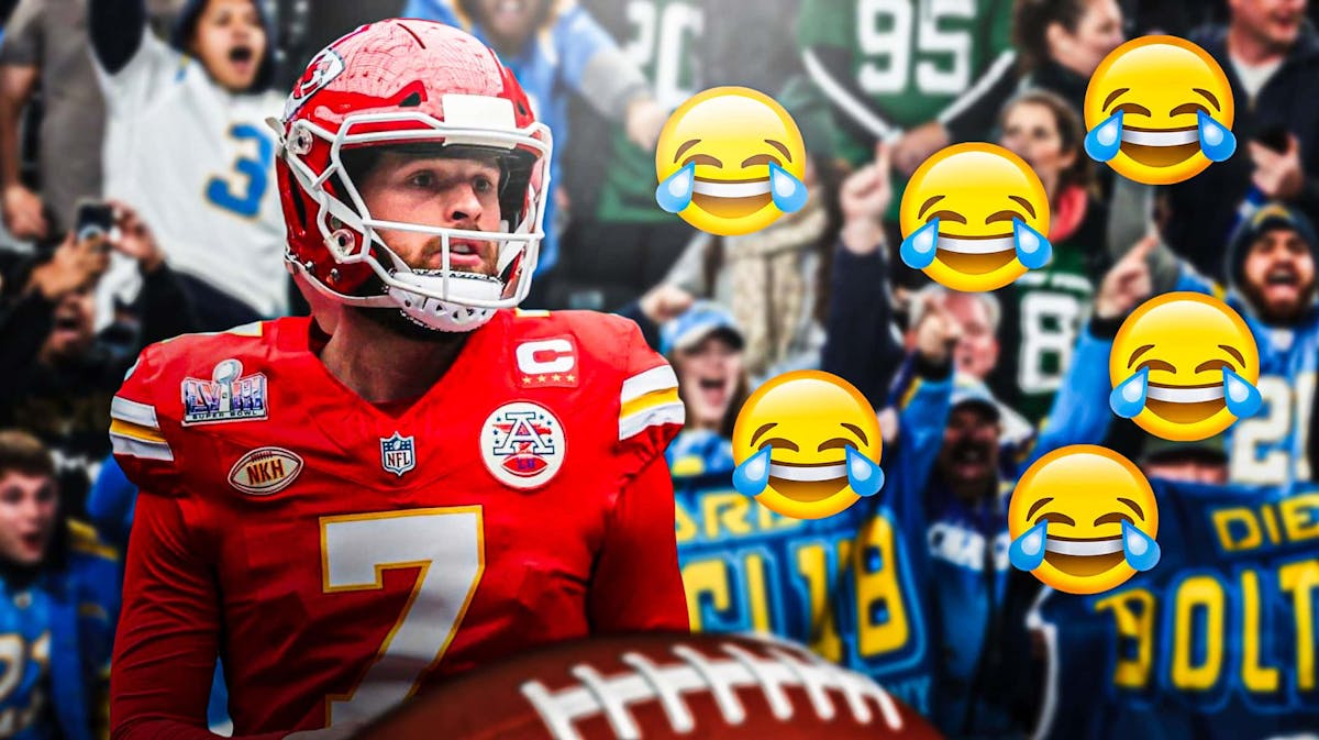Harrison Butker on one side, a bunch of Los Angeles Chargers fans on the other side with crying laughing emojis around them