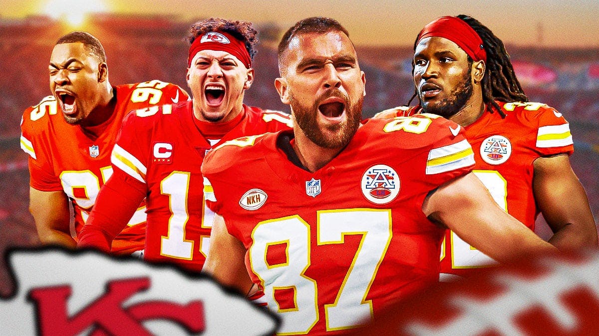 Travis Kelce, Patrick Mahomes, Chris Jones, Nick Bolton all together with Chiefs logo in front and Arrowhead Stadium as background