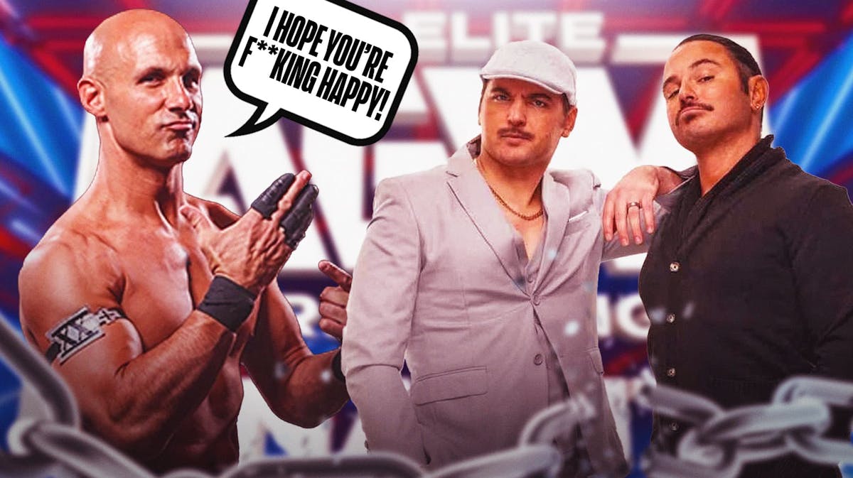 Christopher Daniels with a text bubble reading "I hope you’re f**king happy!" next to the 2024 Young Bucks with the AEW Dynamite logo as the background.