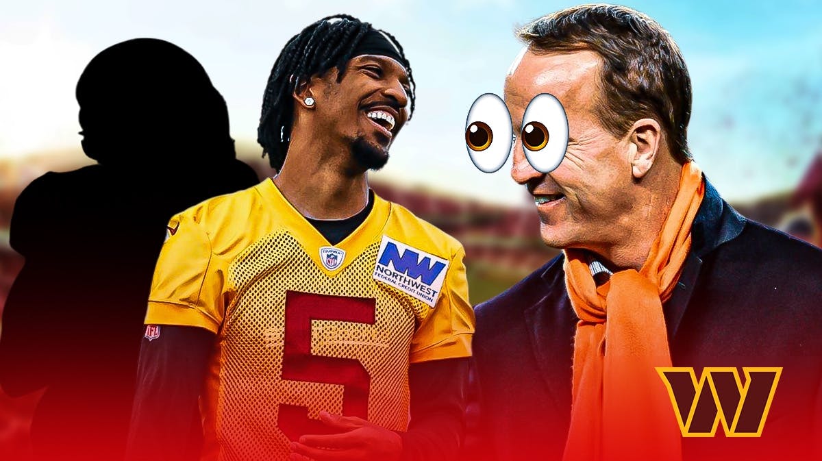 Peyton Manning with emoji eyes looking at Commanders Jayden Daniels and a silhouette of Terry McLaurin