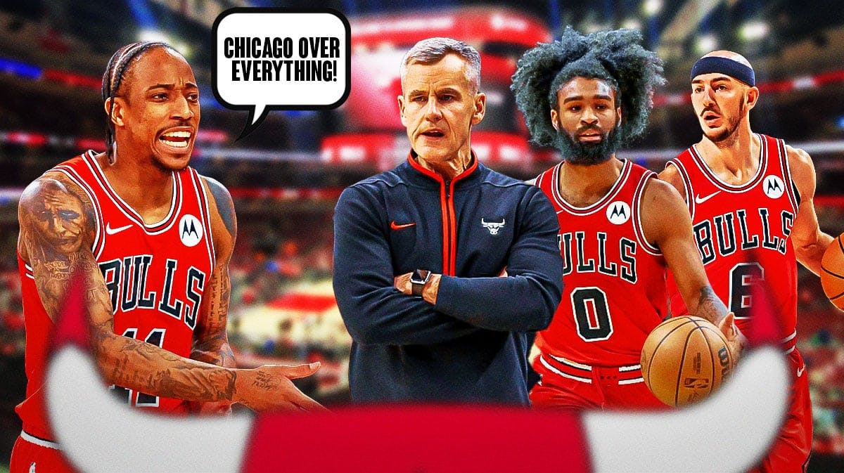 Bulls' DeMar DeRozan saying "Chicago over everything" next to Billy Donovan, Coby White and Alex Caruso