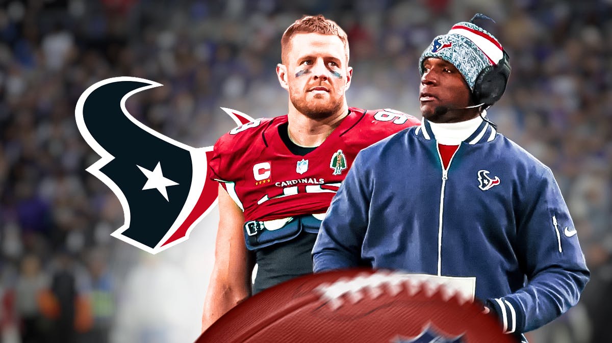 Former Houston Texan JJ Watt with current Houston Texans head coach DeMeco Ryans. They are next to a logo for the Houston Texans.