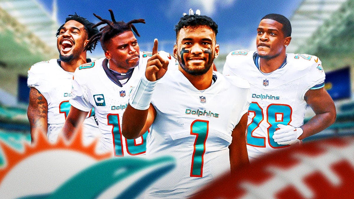 Tua Tagovailoa, Tyreek Hill, Jaylen Waddle, De'Von Achanne together with Dolphins logo in front and Hard Rock Stadium as background.