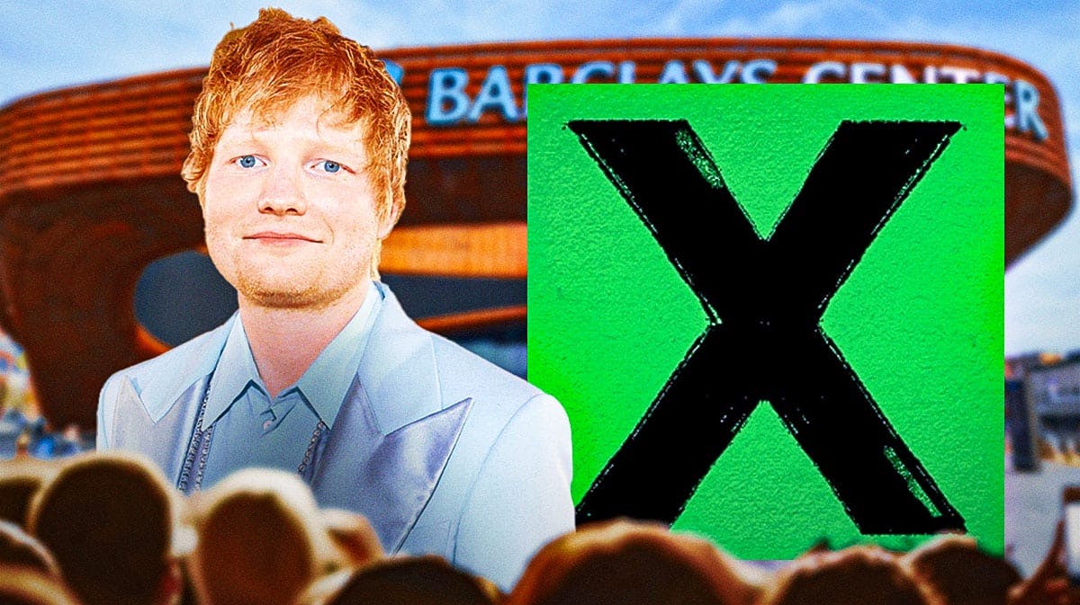 Ed Sheeran with Multiply album cover and Barclays Center background.