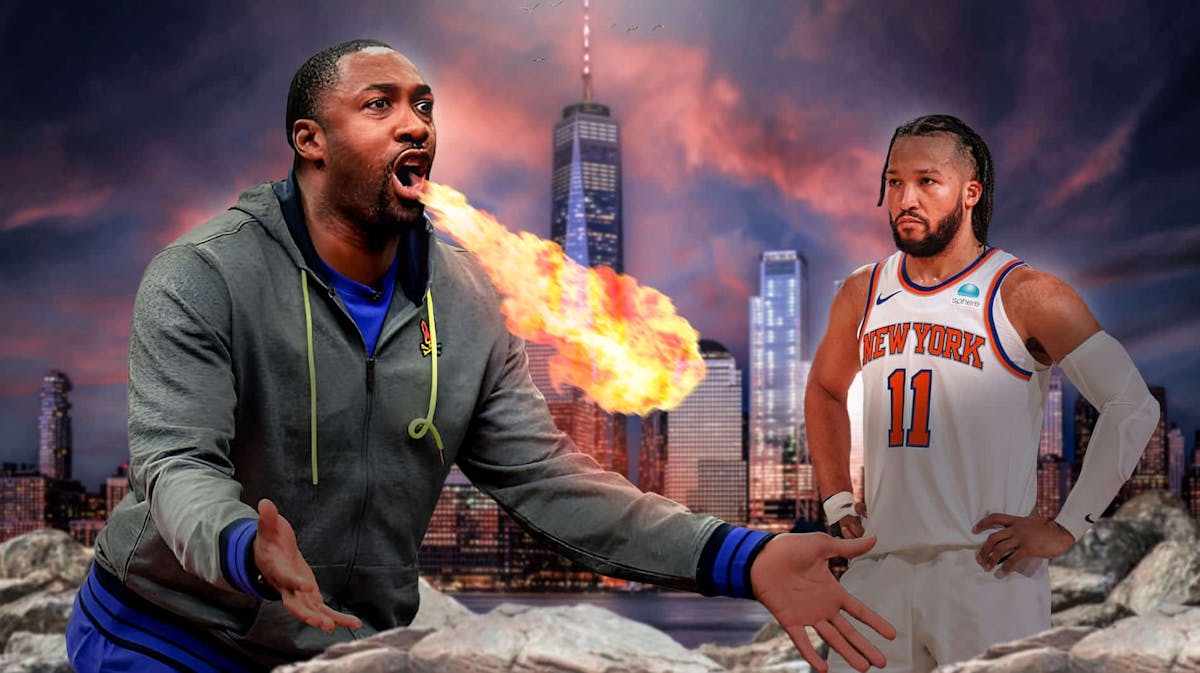 Gilbert Arenas with fire coming out his mouth, Knicks star Jalen Brunson in the background looking serious