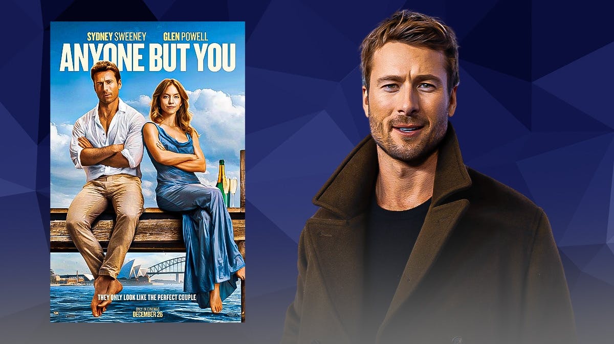 Glen Powell alongside the Anyone But You movie poster