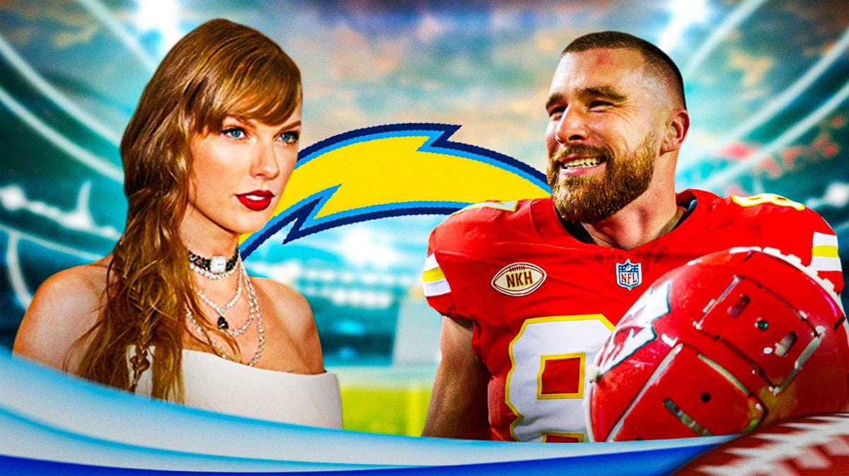 Kansas City Chiefs tight end Travis Kelce with his girlfriend Taylor Swift, with the Chargers logo behind them