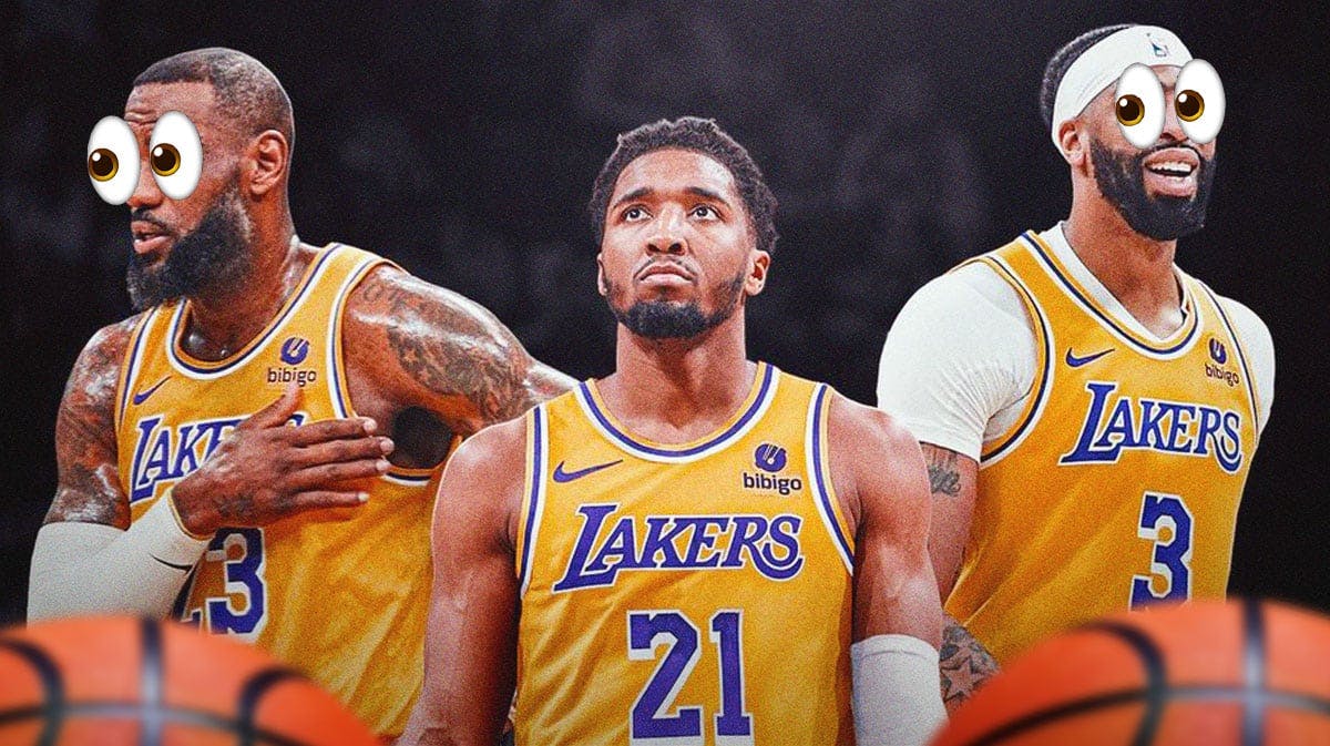 Photo: Donovan Mitchell in Lakers jersey, LeBron James, Anthony Davis both behind him in Lakers jersey with peeping eyes