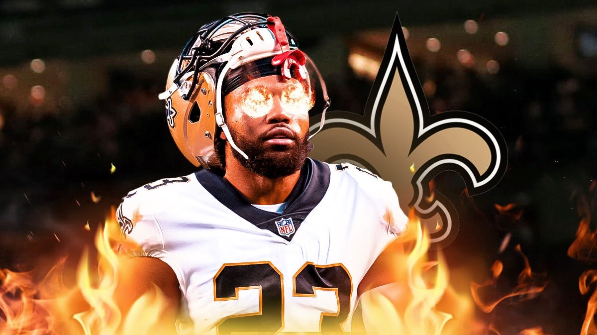 Saints Marshon Lattimore with fire in his eyes and surrounded by fire