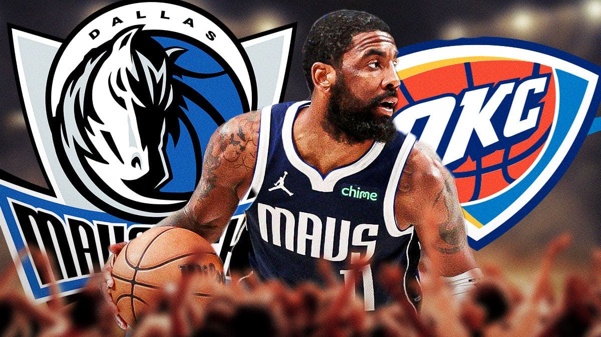 Mavericks' Kyrie Irving in front dribbling a basketball. Place the Mavericks' logo and Thunder's logo (both from 2024) in background.