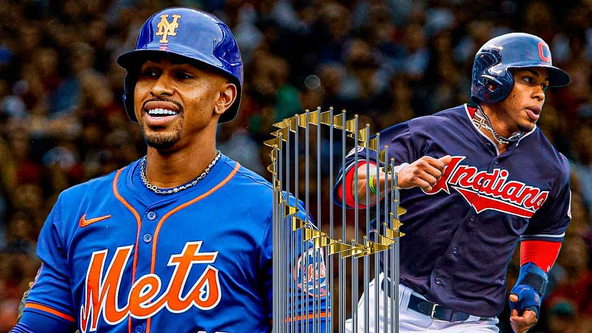 Mets' Francisco Lindor, Francisco Lindor in a Cleveland Indians jersey from 2016, MLB World Series Trophy.