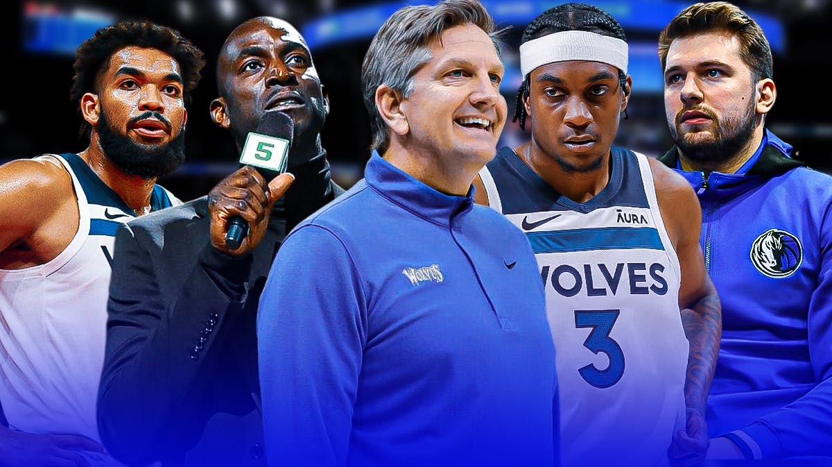 Timberwolves Chris Finch Jaden McDaniels and Karl Anthony-Towns next to Kevin Garnett and Mavericks Luka Doncic