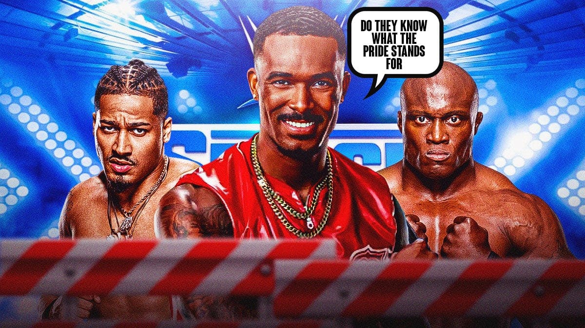 Montez Ford with a text bubble reading "Do they know what The Pride stands for" with Montez Ford on the left and Bobby Lashley on the right with the SmackDown logo as the background.