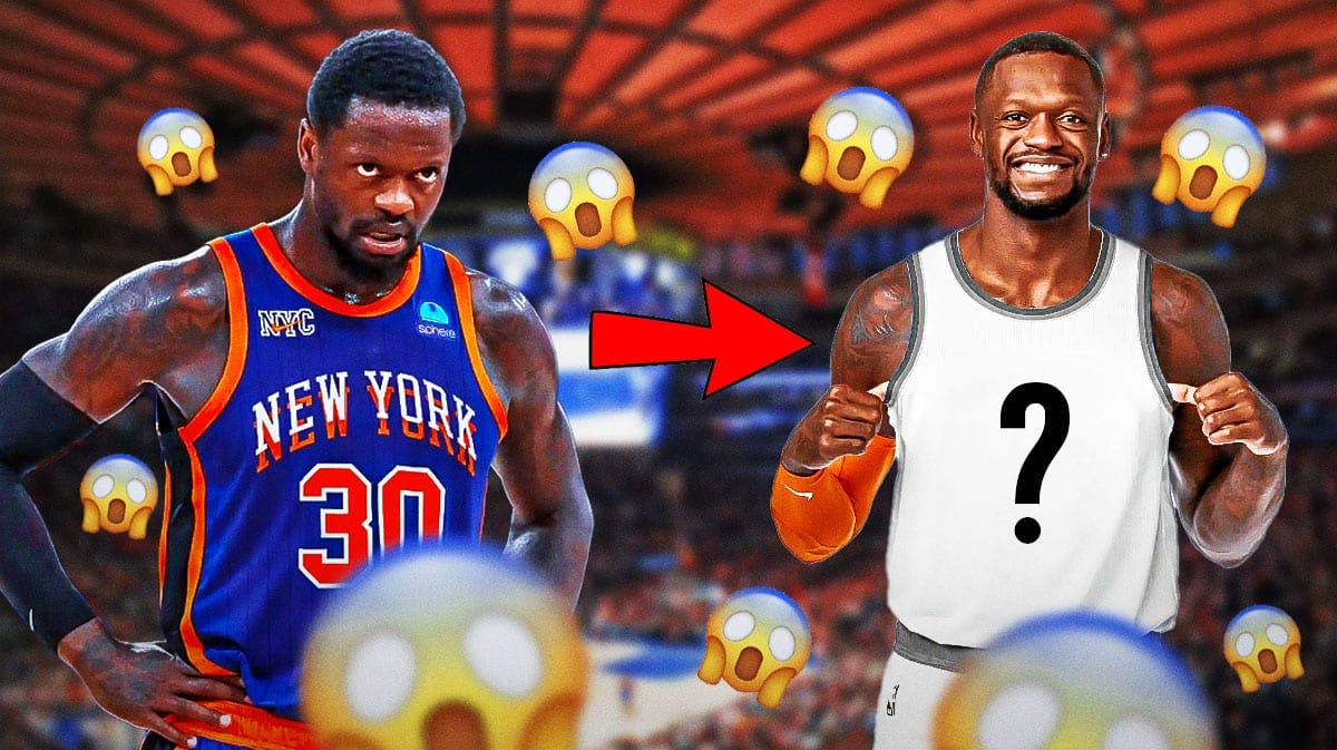 Julius Randle in a New York Knicks uniform on one side with an arrow pointing to Julius Randle on the other side in a blank uniform, a bunch of shocked emojis in the background