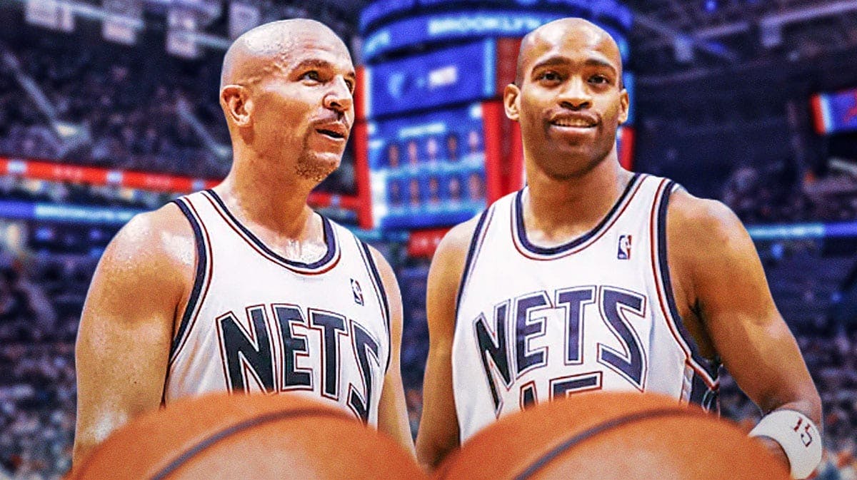 Vince Carter and Jason Kidd standing together when playing for the Nets.