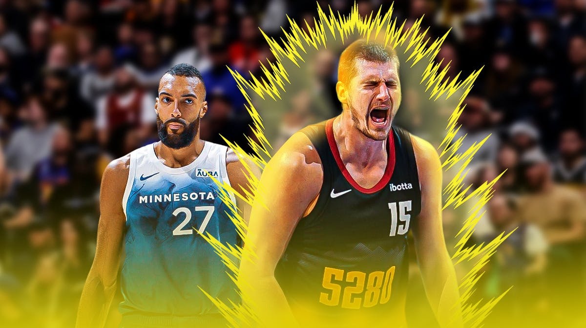 Nuggets Nikola Jokic happy/yelling and going Super Saiyan. Also Timberwolves Rudy Gobert in the graphic next to him looking sad/upset.