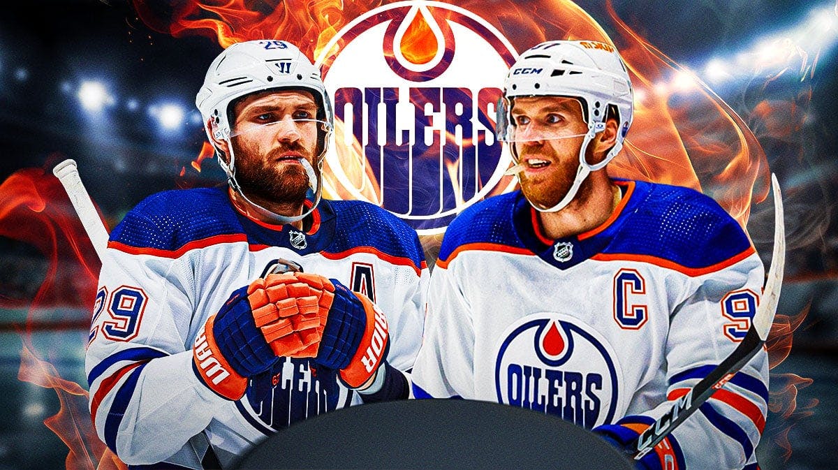 Leon Draisaitl and Connor McDavid both in image with fire around them looking hopeful, Edmonton Oilers logo, hockey rink in background