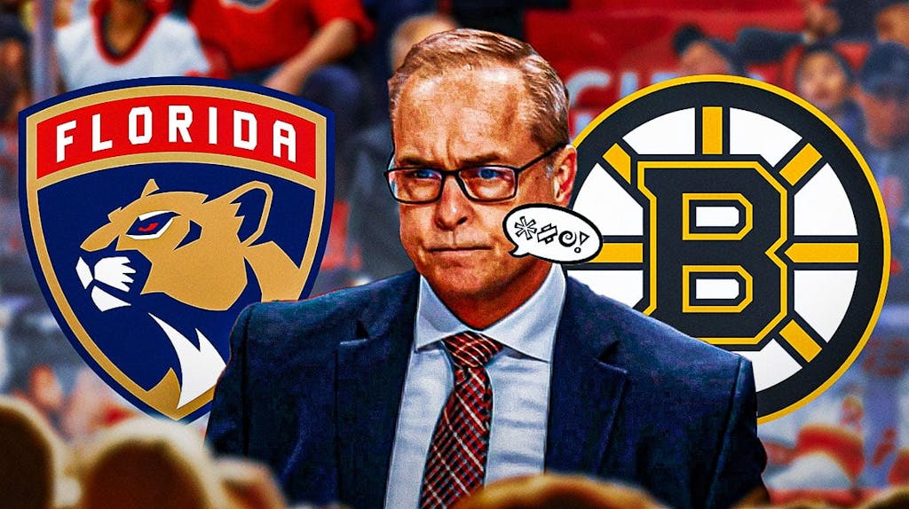 Florida Panthers coach Paul Maurice in front of Panthers and Boston Bruins logos