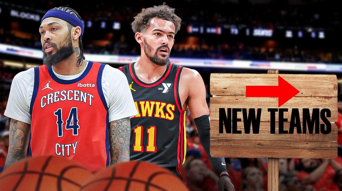 Pelicans' Brandon Ingram and Hawks' Trae Young next to a sign that says "new teams"