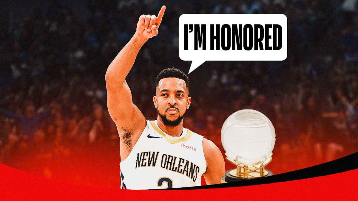 CJ McCollum saying "I'm honored" while accepting a trophy.