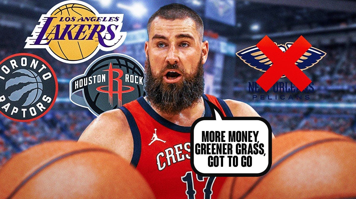 Jonas Valancuinas saying "More money, greener grass, got to go" with logos of the Lakers, Raptors, and Rockets. A big Red X over a small Pelicans logo.