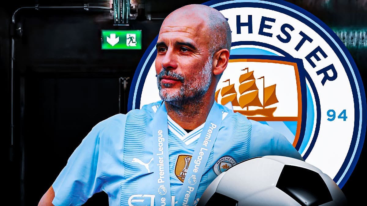 Pep Guardiola in front of the Manchester City logo and an exit door