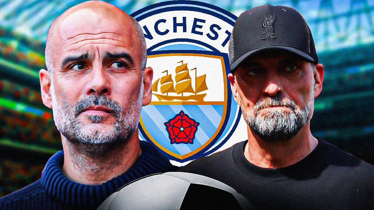 Pep Guardiola and Jurgen Klopp in front of the Manchester City and Liverpool logos