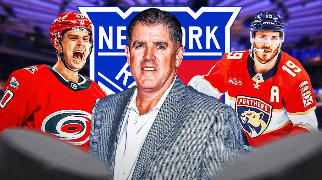 Peter Laviolette in middle of image looking happy, Sebastian Aho on one side and Matthew Tkachuk on other side, NY Rangers logo, hockey rink in background
