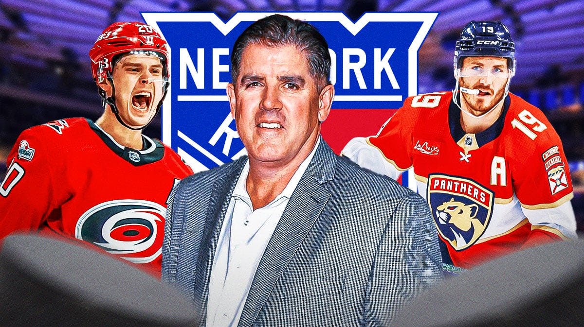 Peter Laviolette in middle of image looking happy, Sebastian Aho on one side and Matthew Tkachuk on other side, NY Rangers logo, hockey rink in background