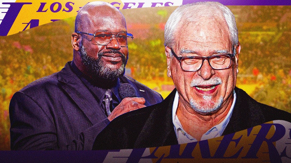 Shaq stands next to Phil Jackson, Lakers, Pacers logo with NBA script writers in the background